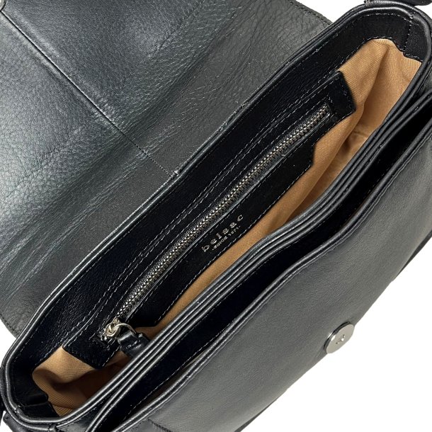 Raquel, Belsac sort hndtaske/crossbody i skind med overslag og lang regulerbar rem