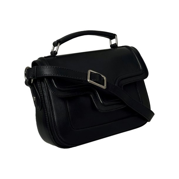 Raquel, Belsac sort hndtaske/crossbody i skind med overslag og lang regulerbar rem