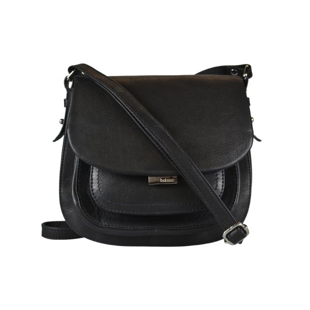 Nazma, Belsac sort crossbody i skind med frontlomme og overslag