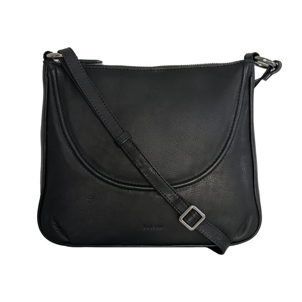 Lelu, Belsac sort skuldertaske/håndtaske i skind med kraftig skulderrem og toplynlås