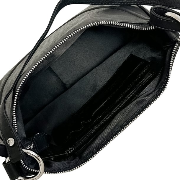 Lelu, Belsac sort skuldertaske/håndtaske i skind med kraftig skulderrem og toplynlås