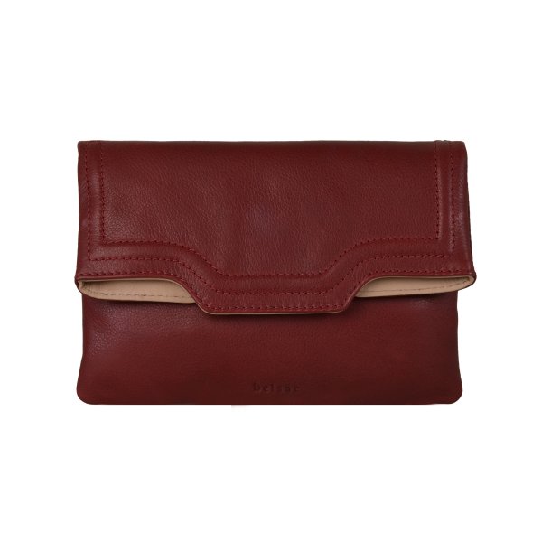 Cherstin, Belsac mørk rød clutch i skind med smuk beige kontrastfarve
