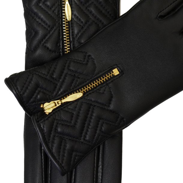 Belsac, skindhandske i sort med quilt og guld lynls