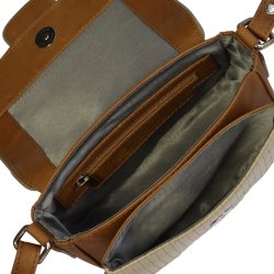 Dakota, Belsac cognac/beige crossbody i skind med flettet front og overslag