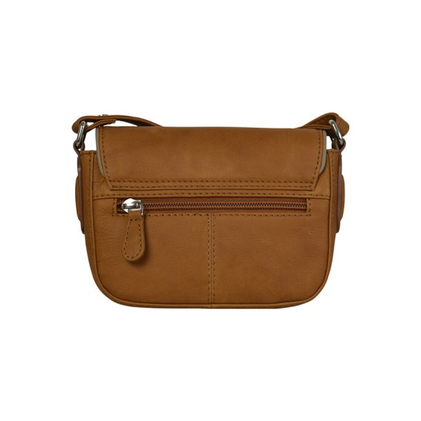 Dakota, Belsac cognac/beige crossbody i skind med flettet front og overslag