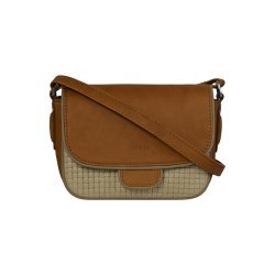 Dakota, Belsac cognac/beige crossbody i skind med flettet front og overslag