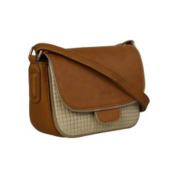 Dakota, Belsac cognac/beige crossbody i skind med flettet front og overslag
