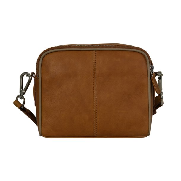Dalani, Belsac cognac/beige crossbody i skind med flere rum og flettet skind på fronten