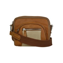 Dalani, Belsac cognac/beige crossbody i skind med flere rum og flettet skind på fronten