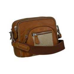 Dalani, Belsac cognac/beige crossbody i skind med flere rum og flettet skind på fronten