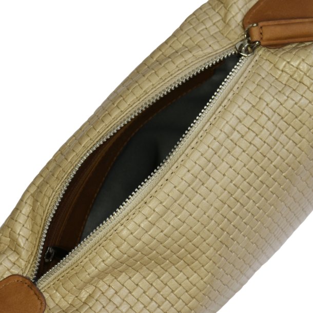 Dalia, Belsac cognac/beige skuldertaske i flettet skind med fast bund og kraftig skulderrem
