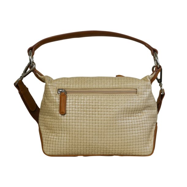Dalia, Belsac cognac/beige skuldertaske i flettet skind med fast bund og kraftig skulderrem