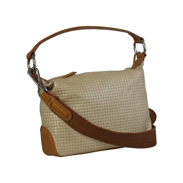 Dalia, Belsac cognac/beige skuldertaske i flettet skind med fast bund og kraftig skulderrem
