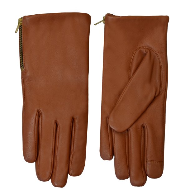 Klarissa, Belsac skindhandske i cognac med guld lynls 