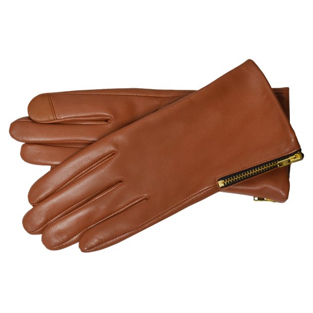 Klarissa, Belsac skindhandske i cognac med guld lynls 