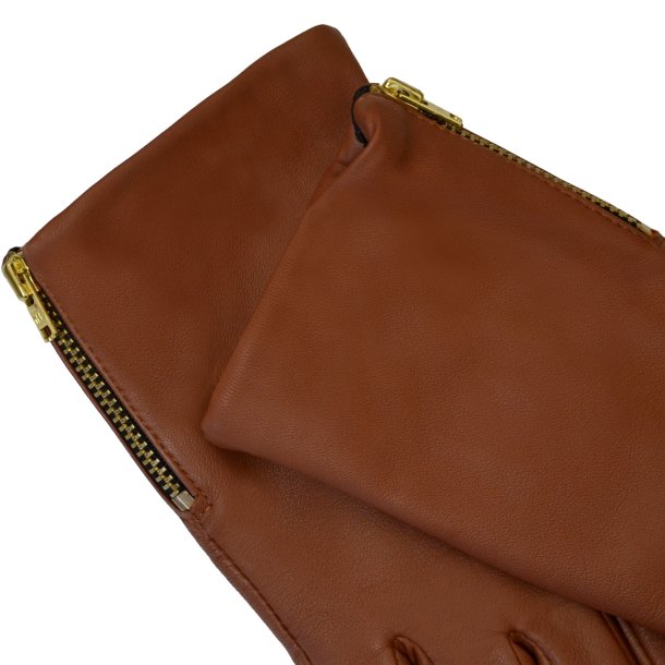 Klarissa, Belsac skindhandske i cognac med guld lynls 
