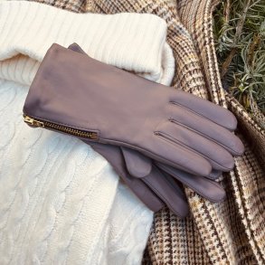 Klarissa, Belsac skindhandske i taupe med guld lynls 
