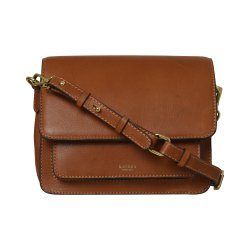 Olga, Belsac cognac crossbody i skind med overslag og  lang regulerbar rem