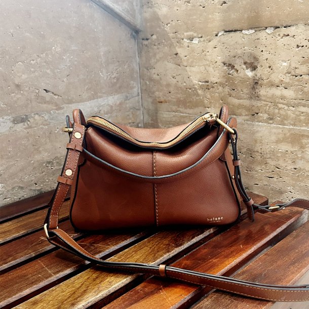 Olivia, Belsac cognac hndtaske i skind med kort rem og lang crossbody rem