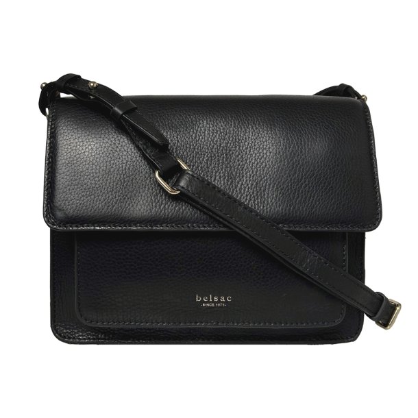 Pammi, Belsac sort crossbody i skind med overslag og  lang regulerbar rem