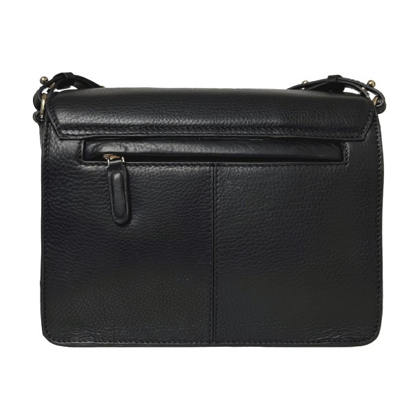 Pammi, Belsac sort crossbody i skind med overslag og  lang regulerbar rem