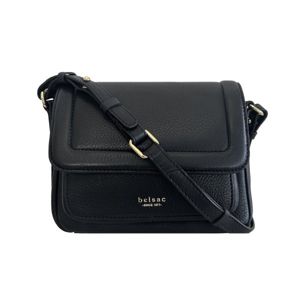 Rhina, Belsac sort crossbody i skind med overslag og lang regulerbar rem