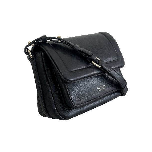 Rhina, Belsac sort crossbody i skind med overslag og lang regulerbar rem