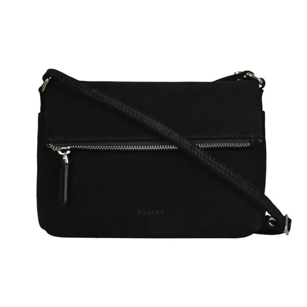 Elia, Belsac sort crossbody i ruskind med overslag og regulerbar rem