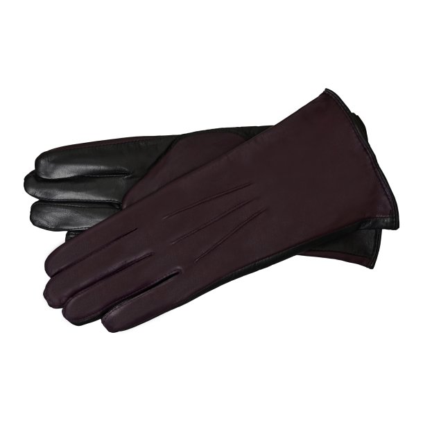 Belsac, skindhandske i blommefarvet med ruskind og stikninger p oversiden