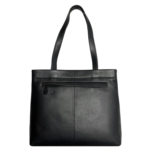 Serena, sort shopper/skuldertaske i skind med to skulderremme og et stort rum