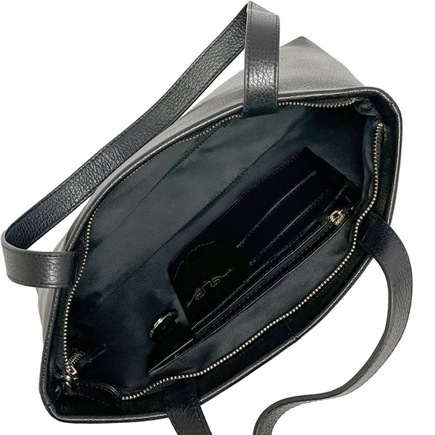 Serena, sort shopper/skuldertaske i skind med to skulderremme og et stort rum