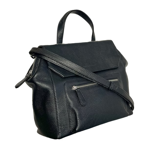 Malin, Belsac sort hndtaske i skind med kort hank og lang crossbody rem