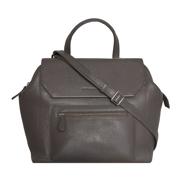 Malin, Belsac grå håndtaske i skind med kort hank og lang crossbody rem