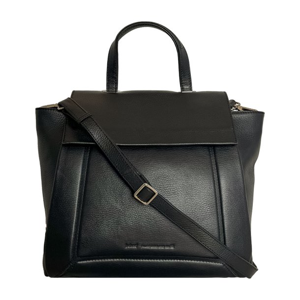 Zeleste, Belsac sort håndtaske i skind med kort hank og lang crossbody rem