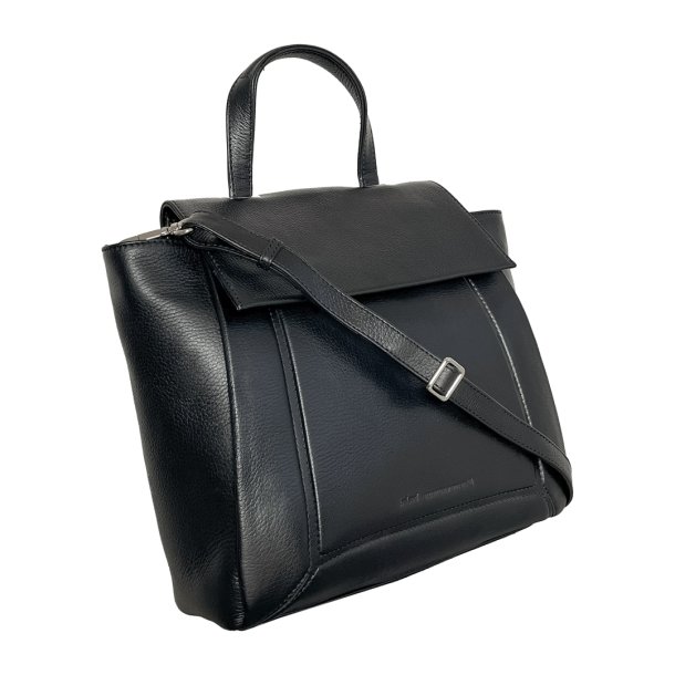 Zeleste, Belsac sort håndtaske i skind med kort hank og lang crossbody rem