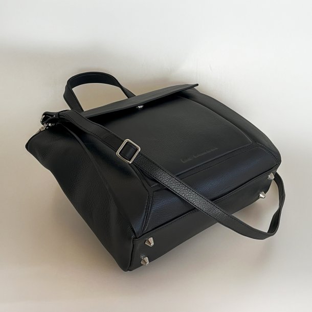 Zeleste, Belsac sort håndtaske i skind med kort hank og lang crossbody rem