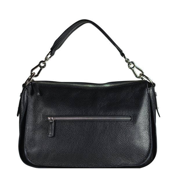 Gunvor, Belsac sort skuldertaske/crossbody i blødt skind med ruskindsdetalje og kraftig rem