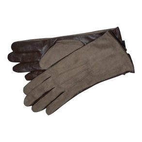 Belsac, skindhandske i brun med ruskind og stikninger p� oversiden