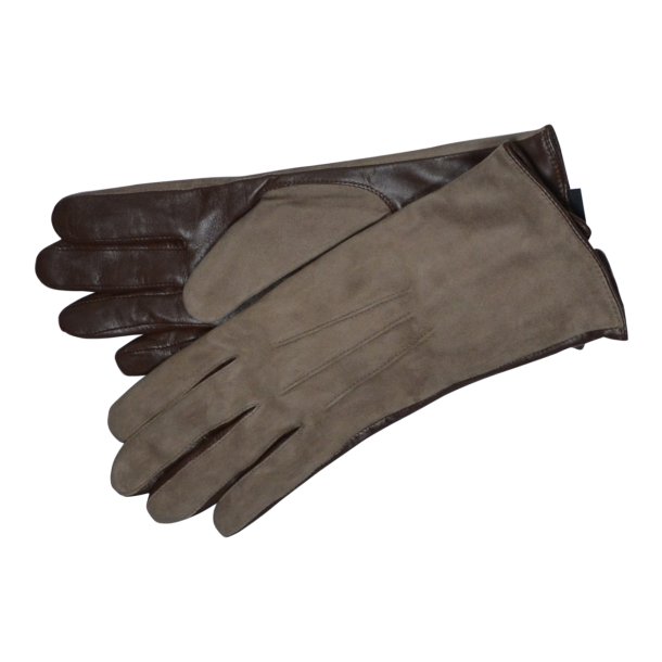 Belsac, skindhandske i brun med ruskind og stikninger p oversiden