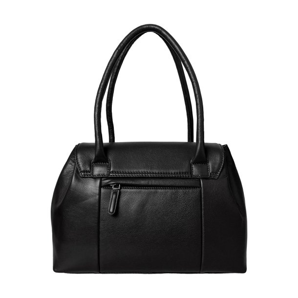 Roseanna , Belsac sort skuldertaske i skind med oversalg og kraftige skulderhanke