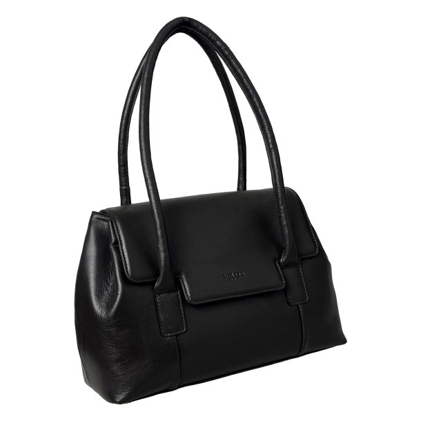 Roseanna , Belsac sort skuldertaske i skind med oversalg og kraftige skulderhanke