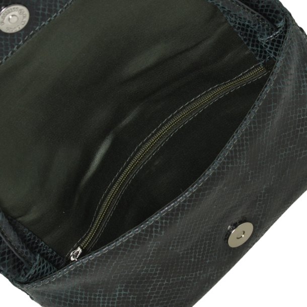 Joann, Belsac grn clutch i skind med overslag og lang regulerbar rem