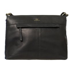 Nivi, Belsac sort/blå crossbody i skind/sælskind med kraftigt overslag