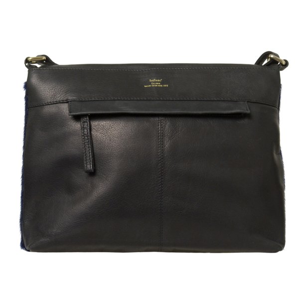 Nivi, Belsac sort/blå crossbody i skind/sælskind med kraftigt overslag