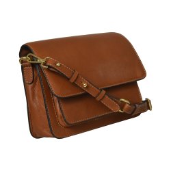 Olga, Belsac cognac crossbody i skind med overslag og  lang regulerbar rem