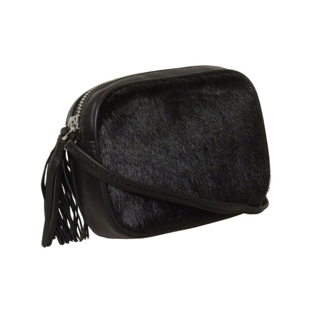Anarraq, Belsac sort crossbody i skind/sælskind med lang regulerbar rem