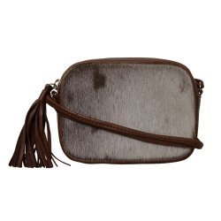 Anarraq, Belsac brun/grå crossbody i skind/sælskind med lang regulerbar rem