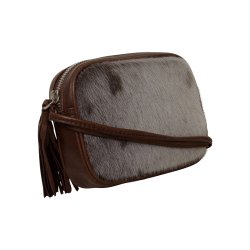Anarraq, Belsac brun/grå crossbody i skind/sælskind med lang regulerbar rem