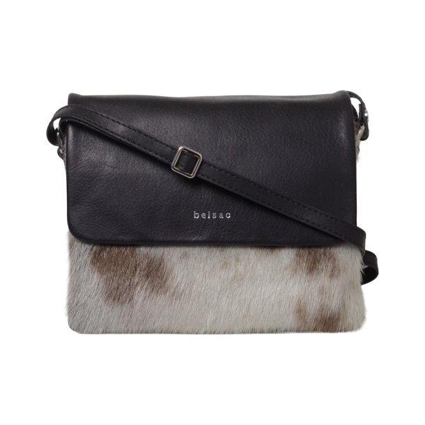 Abier, Belsac sort/gr crossbody i skind/slskind med kraftigt overslag og flere rum