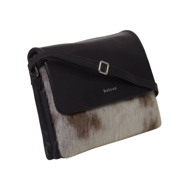Abier, Belsac sort/gr crossbody i skind/slskind med kraftigt overslag og flere rum